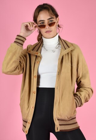 VINTAGE 70S LEATHER JACKET BOMBER SUEDE BROWN BEIGE