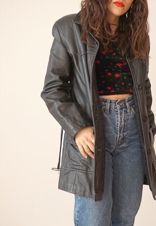 VINTAGE 90S BLACK LEATHER JACKET WITH BELT