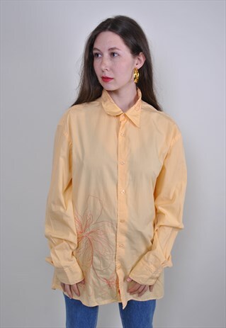 VINTAGE PLUS SIZE ORANGE BLOUSE, 90S FLOWERS PRINT SHIRT