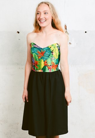 VINTAGE 80S STRAPLESS CORSET FLORAL MIDI DRESS