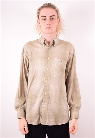 LACOSTE MENS VINTAGE SHIRT LARGE KHAKI CHECK 90S