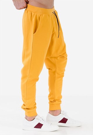 YELLOW EXTREME DROP CROTCH JOGGERS WITH LEATHER DRAWSTRING