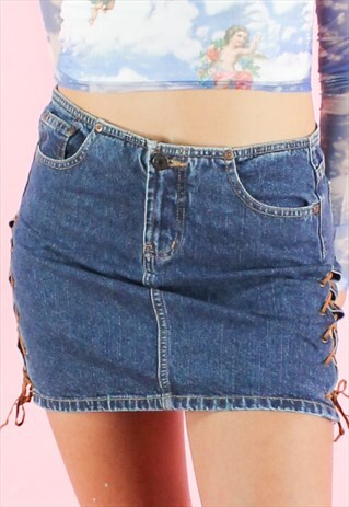 VINTAGE 90S MINI DENIM SKIRT Y2K DARK BLUE WITH LACE DETAIL