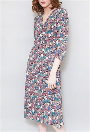 VINTAGE 1970'S PREMIUM FLORAL FOLK MIDI DRESS