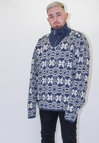 VINTAGE ADIDAS PATTERN SWEATER JUMPER IN BLUE XL