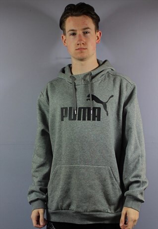 VINTAGE PUMA HOODIE IN GREY WITH EMBROIDERED LOGO AND POUCH