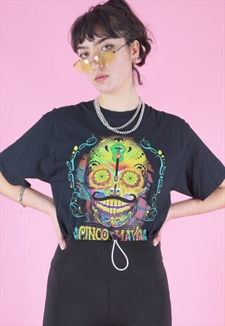 VINTAGE REWORKED CROP TOP IN BLACK WITH CINCO DE MAYO PRINT