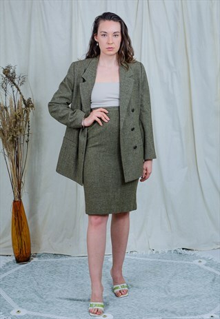 SKIRT SUIT VINTAGE 80S GREEN TWO PIECE SET SECRETARY L