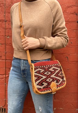 Small Moroccan Tan Leather & Carpet Saddle Bag