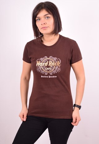 HARD ROCK CAFE WOMENS VINTAGE T-SHIRT TOP SMALL BROWN 90S