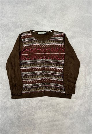 VINTAGE KNITTED CARDIGAN ABSTRACT PATTERNED KNIT SWEATER