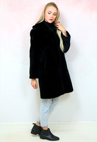 1990S VINTAGE SUPER SOFT JET BLACK FAUX FUR COAT