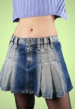 Y2K Denim mini-skirt pleats stonewashed micro mini grunge