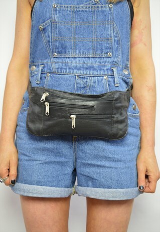 VINTAGE 90S BLACK LEATHER BUMBAG FANNY PACK GRUNGE RETRO