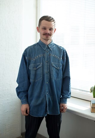 VINTAGE 80'S BLUE DENIM WESTERN STYLE SHIRT