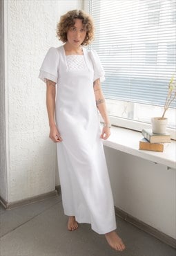 Vintage 70's Rare White Maxi Embroidered Wedding Dress