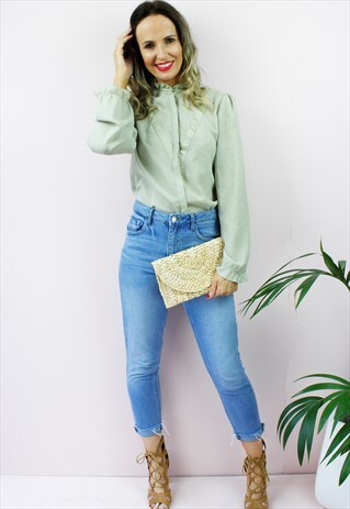 VINTAGE 80'S RETRO LIGHT GREEN FRILL COLLAR SHIRT BLOUSE TOP