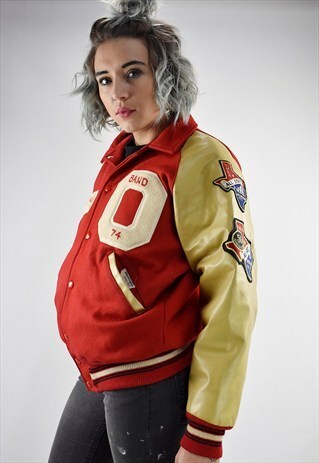 VINTAGE 70S RED VARSITY JACKET W/LEATHER SLEEVES & PATCHES