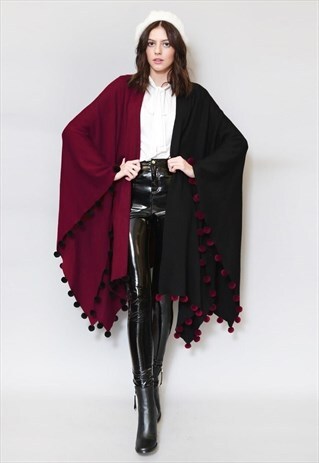 VINTAGE 1980'S BURGUNDY & BLACK POM POM TRIMMED CAPE