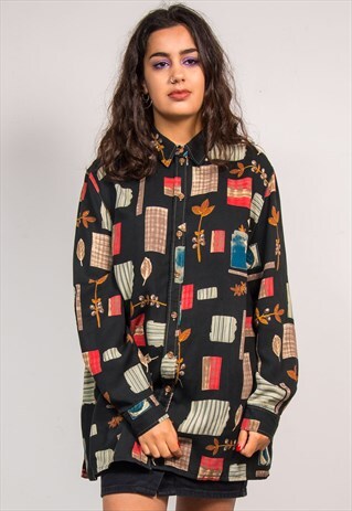 90'S RETRO BLACK WAVEY ABSTRACT PATTERN OVERSIZE SHIRT