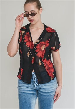 Vintage 90s Grunge Cheer Red Floral Black Button Up Top S