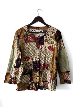Patterned Earth Color Printed Patchwork Cardigan Top M