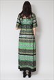 70'S VINTAGE LADIES DRESS GREEN FLORAL SHORT SLEEVE MAXI
