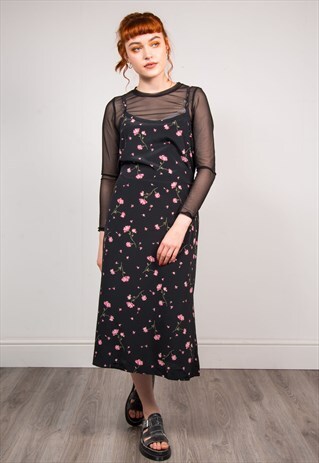 VINTAGE 90'S PINK FLOWER PATTERN MIDI SUMMER DRESS
