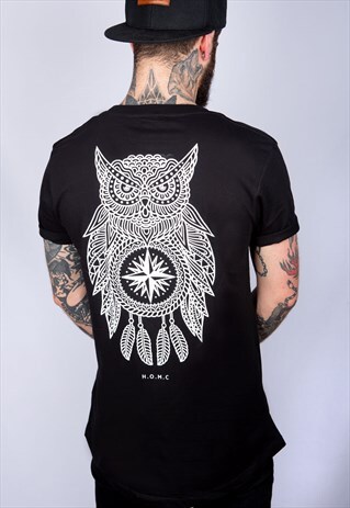 OWL MANDALA BLACK LONG LINE T-SHIRT