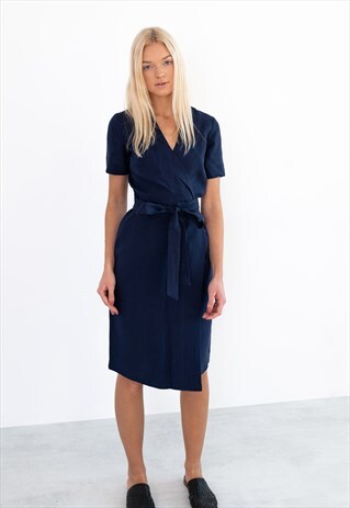 BRIGITTE LINEN WRAP DRESS / NAVY BLUE MIDI DRESS