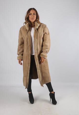VINTAGE SHEEPSKIN SUEDE SHEARLING COAT LONG UK 12 - 14 (9BJ)
