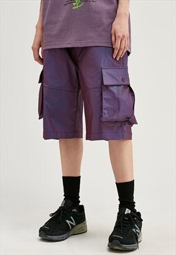 Cargo pocket luminous shorts premium shiny cropped overalls