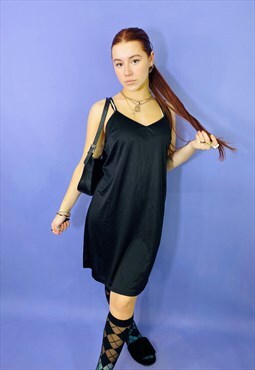 Vintage 90s Black Satin Mini Slip Dress 