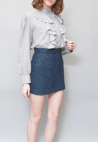 VINTAGE 1970'S SILKY GREY RUFFLED BLOUSE