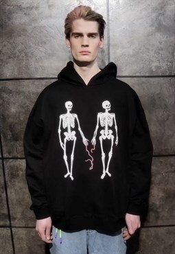 Skeleton graffiti hoodie punk bones slogan pullover in black