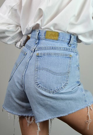 VINTAGE 90S LEE DENIM BLUE HIGH WAISTED FRAYED SHORTS