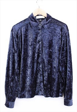 Vintage Velour Shirt Navy Long Sleeve Textured Blouse 90s