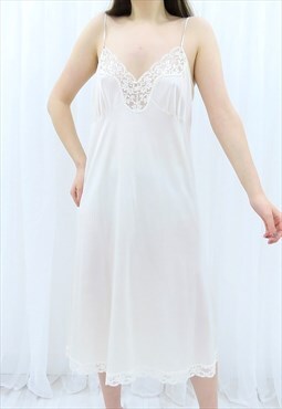 90s Vintage Ivory White Nylon Lace Dress
