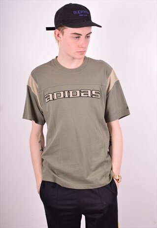 ADIDAS MENS VINTAGE T-SHIRT TOP SMALL KHAKI 90'S