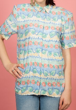 VINTAGE BLUE RED GREEN YELLOW FLORAL BLOUSE TOP
