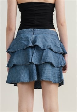 Vintage Y2k Preppy Layer Mini Denim Style Blue Skirt S