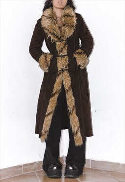 Vintage Longline Brown Faux Fur Trim Afghan Coat