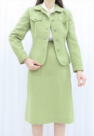 80s Vintage Green Skirt & Blazer Co-ord Suit (Size S)