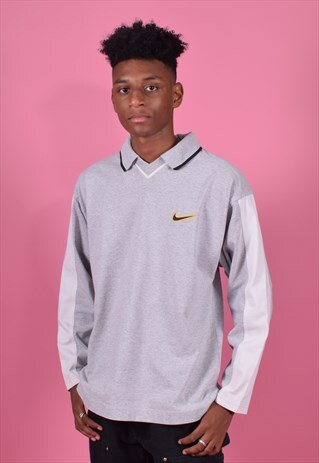 NIKE GREY AND WHITE LONG SLEEVED COLLARED TEE
