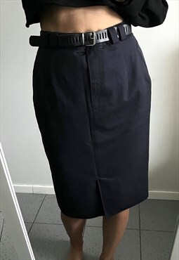 Solid Navy Pencil Belted Knee Length Skirt Medium