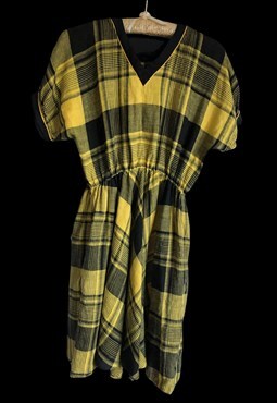 80s yellow plaid pocket baggy style  dress