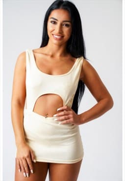 Beige Sleeveless Front Cut Bodycon Scoop Neck Mini Dress