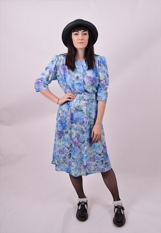 VINTAGE 70'S BLUE FLOWER PRINT GRANNY DRESS SIZE 10 12 14