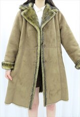 80s Vintage Beige Suede Faux Fur Coat  (Size L)