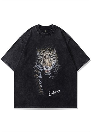 CHEETAH PRINT T-SHIRT LEOPARD TEE RETRO ANIMAL TOP IN GREY